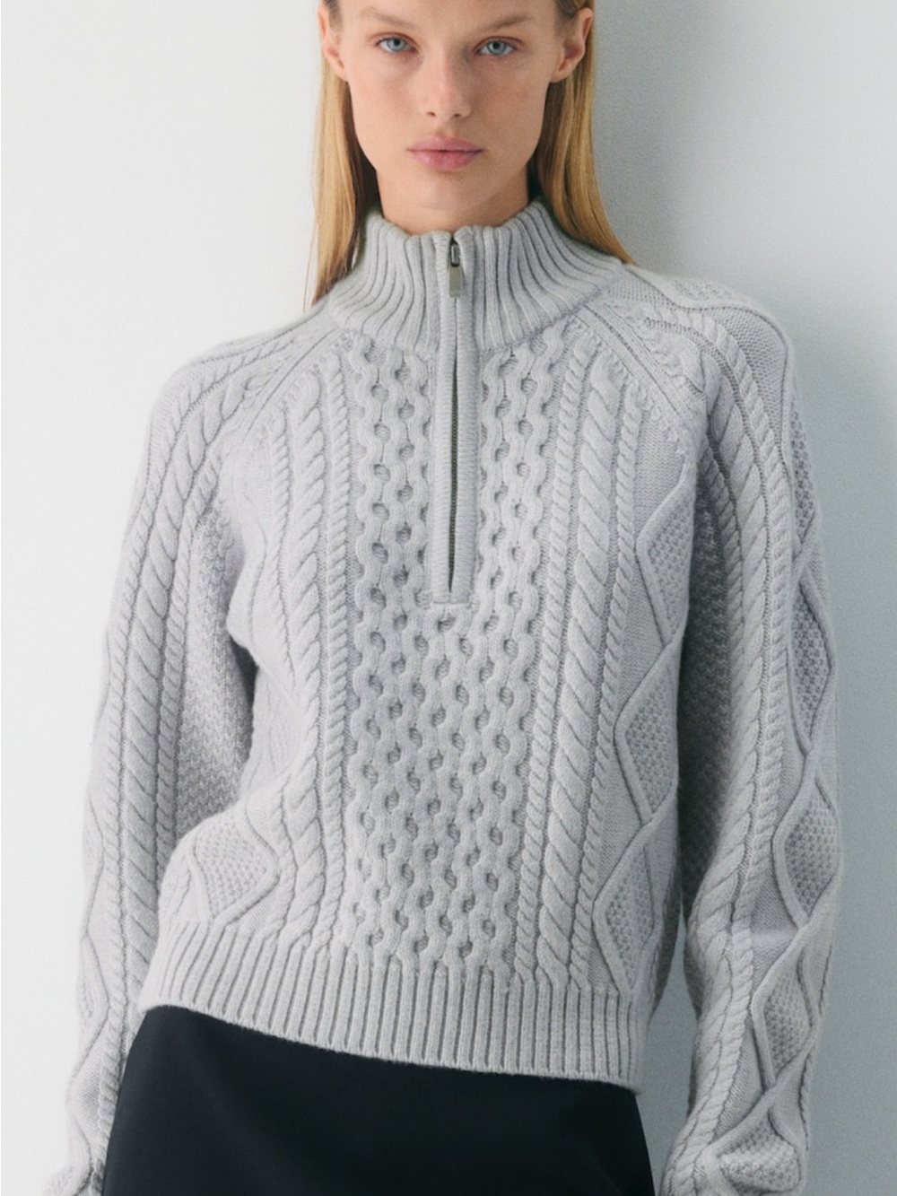 Aritzia Light Gray Cable Knit Half-Zip Turtleneck Sweater